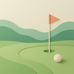 Abstract Golf Course Landscape with Flag and Golf Ball in Pastels