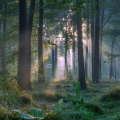 Fototapeta premium Sunbeams pierce misty forest canopy creating magical light beams on lush green undergrowth