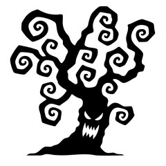 twisted tree with spiral serpent branches swirling like vortex of nightmares, grotesque evil face with jagged sharp teeth, burning eyes of ancient monster, cursed spirit distorting space and feeding o