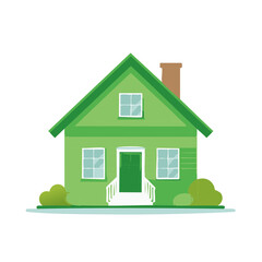 Cheerful Green House with Chimney, Windows and Bushes. Illustration of a Modern Home