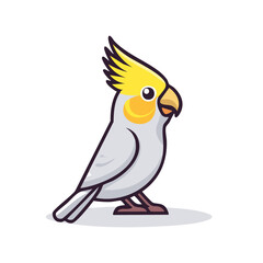 Cute cockatiel illustration with yellow crest and gray body, vector image of exotic pet birds