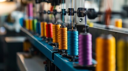 Spools of Colorful Thread Line Textile Machine in a Textile Factory, Cotton reels