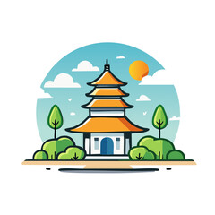 Pagoda Temple Surrounded by Greenery and a Peaceful Sky