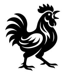 An elegant silhouette of a rooster is captured in a high-contrast studio setting, The black form stands out boldly. Revealing the refined details and contours of the rooster's physique.