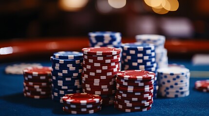 Stacked Red and Blue Striped Poker Chips Arranged on Blue Gaming Table Surface