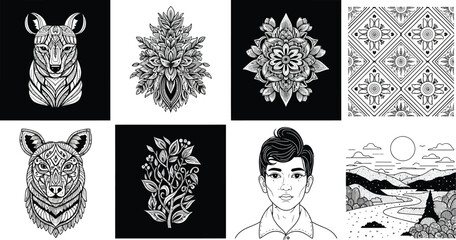 Collection of black and white line art illustrations featuring various subjects and styles