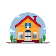 Fototapeta premium Charming two story house with yard trees picket fence clouds and red roof
