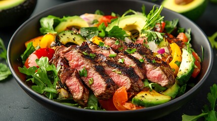 Steak Slices with Avocado, Tomato, Pepper, Greens and Herbs in a Black Bowl Display