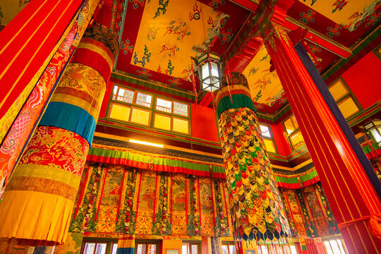 Buddhist thangka - a Tibetan Buddhist painting on cotton, or silk applique - in a monastery in Ralong, Sikkim, India. Image shot with permission.