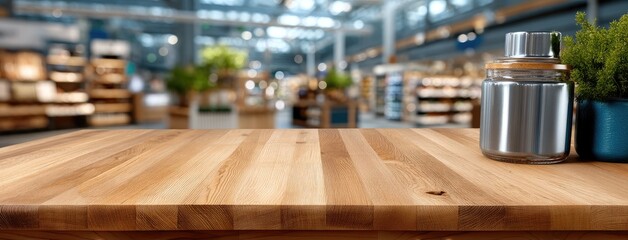 Wooden countertop in a modern marketplace with greenery and a storage jar, showcasing a vibrant shopping environment