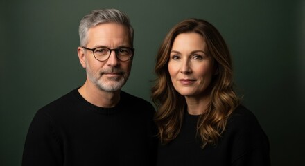 Two people, man with glasses and woman, posing against green backdrop