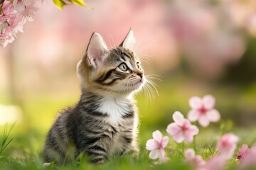 Fototapeta premium Cute Bengal Kitten Sitting Outdoors with Cherry Blossoms