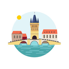 Arched Bridge and Buildings illustration with Tower, River, and Sun