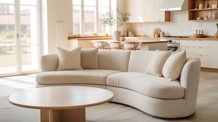 Modern curved sofa in a bright living room with kitchen in background