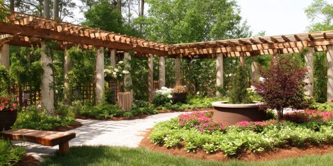 Serene garden with pergola and lush greenery.