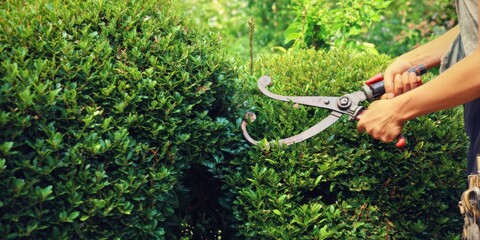 Obraz premium Person pruning green hedge with gardening shears in a garden.