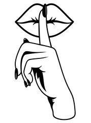 Lips and finger in elegant shushing gesture, silence and secrecy, discreet intimacy, hidden desire and unspoken secret between lovers