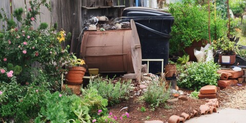Garden compost bin surrounded by lush greenery and flowers.