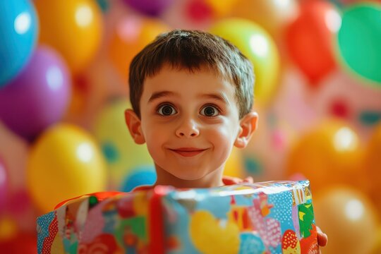 Excited boy opening big birthday gift