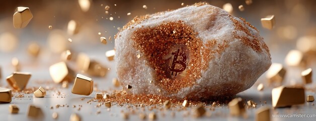 Digital currency rock surrounded by golden fragments symbolizes the value of blockchain technology in modern finance