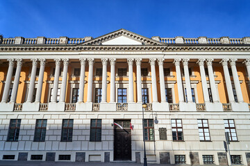 Facade of a historic Neo-Renaissance building with Corinthian columns in Poznan