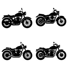 Obraz premium Four black motorcycle silhouettes with detailed engines and wheels on a white background display