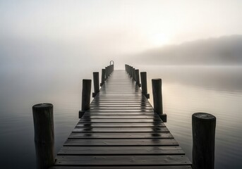 Fototapeta premium A serene view of a wooden pier stretching into a misty lake, creating a tranquil and peaceful landscape on a foggy morning