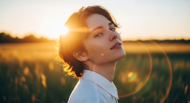 Woman portrait in field at sunset, idyllic setting. Perfect for natural beauty ads, skincare, mindful lifestyle, youth campaigns, wellness, self-care, inspirational stories.