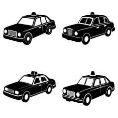Naklejka premium Four black and white taxi cabs are arranged on a white background in a simple graphic illustration style