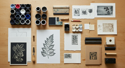 Overhead view of linocut tools and prints featuring botanical designs on a wooden surface