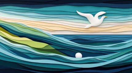 Minimal Coastal Landscape with Golf Ball and Bird in Flight
