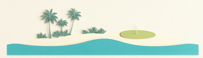 Minimal Paper Cut Design of Tropical Golf Island Landscape Scene