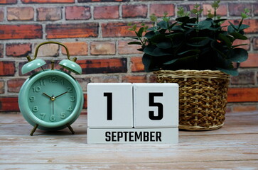 Wooden Calendar Showing the Date of September 15th. Day 15 of September month