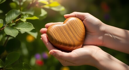 Gentle hands cradle a lovingly carved wooden heart outdoors, bathed in sunlight.