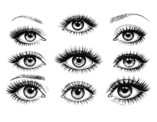 Eyes collection vector black and white illustration. Detailed eyelashes with various