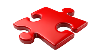 A single red puzzle piece isolated on transparent background, symbolizing connection, solution, and teamwork in business and creative problemsolving contexts bright and vibrant