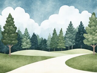 Serene Landscape with Winding Path Through Lush Green Forest