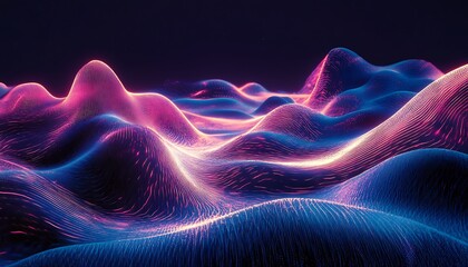 Obraz premium Abstract 3D Landscape Blue and Pink Lines, Digital Terrain, Dark Background