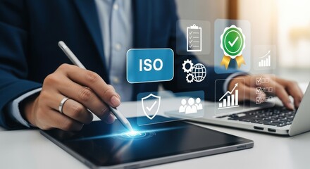 Naklejka premium ISO certification process on tablet, business quality standard approval