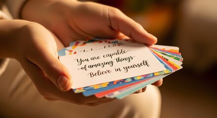 Hands holding a stack of colorful cards with inspirational quotes, promoting self-belief and positive affirmations.