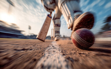 Cricket player stepping on cricket ball on field