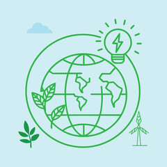 Eco Globe with Green Leaves and Renewable Energy Signs Illustration