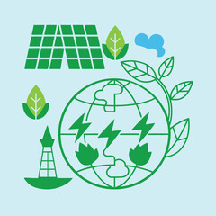 Eco Globe with Green Leaves and Renewable Energy Signs Illustration