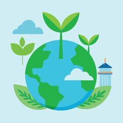 Eco Globe with Green Leaves and Renewable Energy Signs Illustration