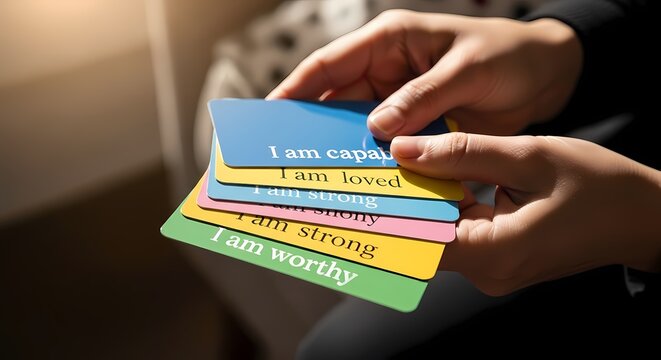 Hands holding colorful affirmation cards with positive self-statements like "I am capable," "I am loved," and "I am worthy.".