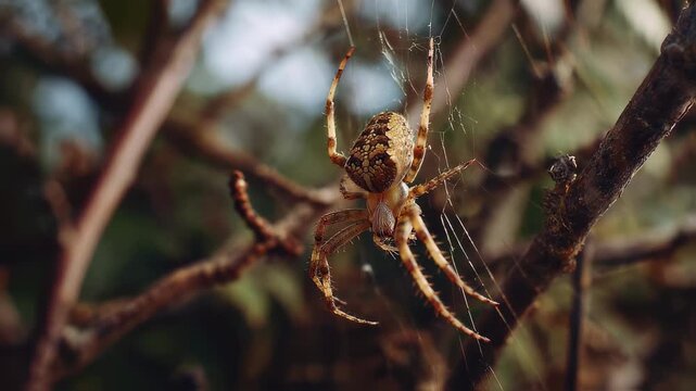 Medium shot of a spider weaving its web between twigs crisp arachnid details with blurred tangled branches emphasizing predatorprey relationships in habitats.