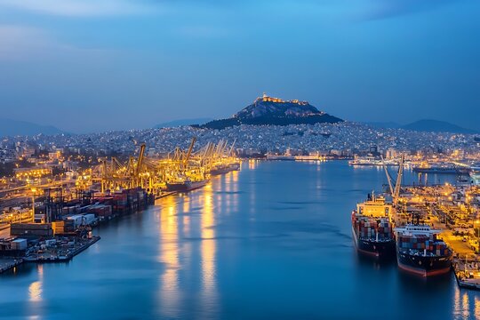 Aerial night view of Piraeus port in Greece with cargo ships and city lights