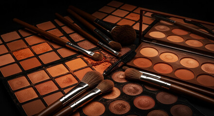 A close up of makeup palettes and brushes in warm brown and neutral tones on a dark background scene