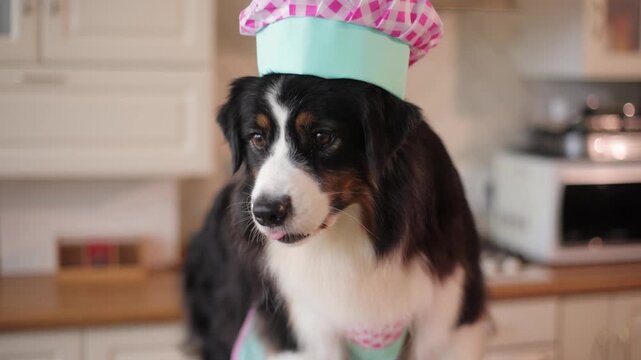 Charming dog dressed as chef in kitchen portrait, humorous pet character, culinary lifestyle, adorable animal cooking concept, creative food idea, funny domestic inspiration