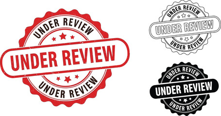 Obraz premium Three under review stamps in red black and outline on white background